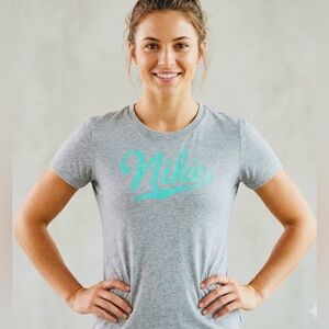 Logo Nike Dri-FIT Cotton Tee - Gray with Teal Script Logo - Size L